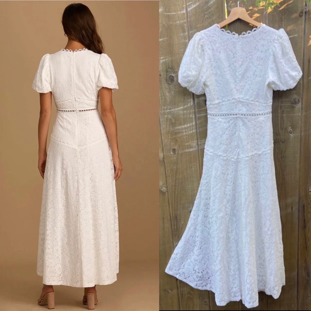 White Lace Puff Sleeve High Low Dress 🌿 - Picture 3 of 10
